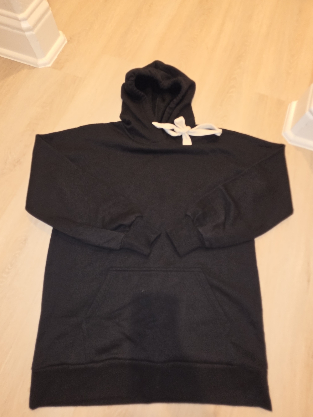 Women's Black Hooded Pullover Sweatshirt with White Drawstring